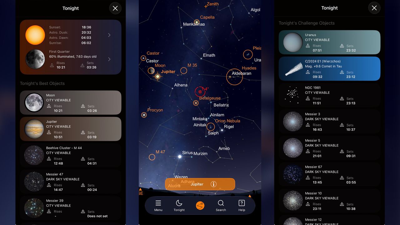 screenshots from the Celestron StarSense app