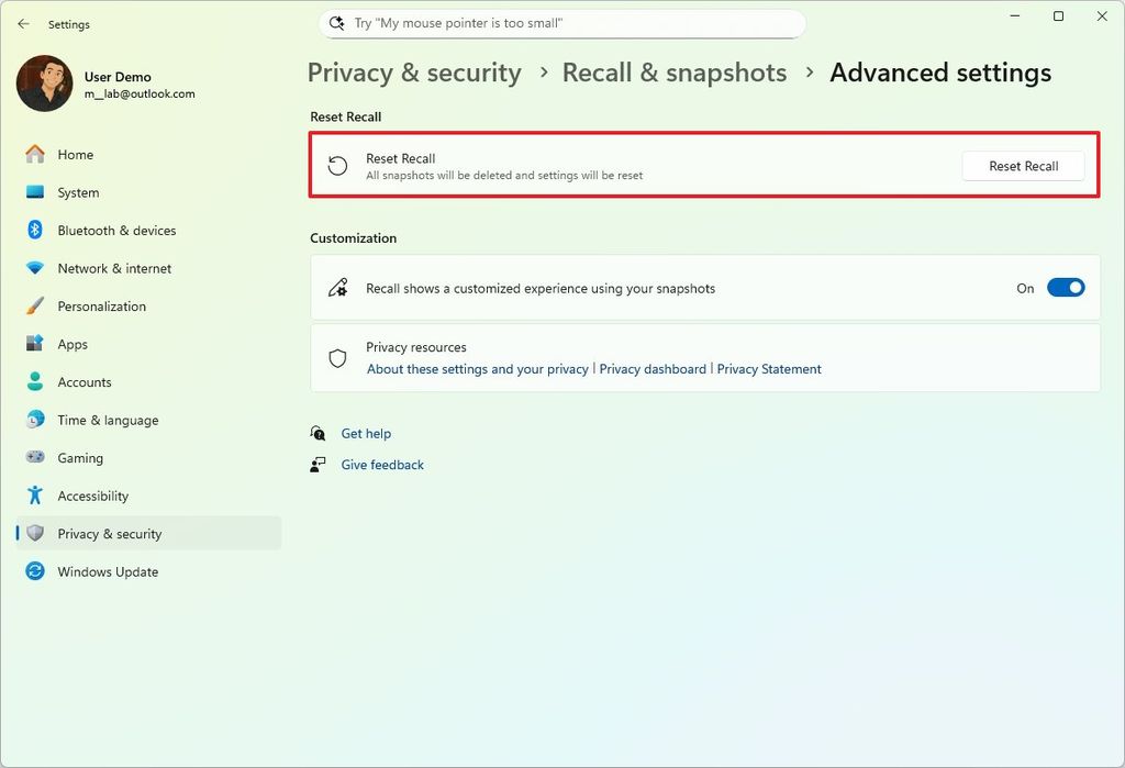 Windows 11 Settings reset Recall feature