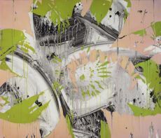 Green, pink, white and black abstract painting 