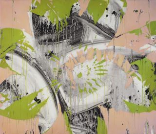 Green, pink, white and black abstract painting