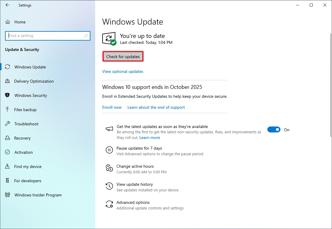Windows 10 check for updates option