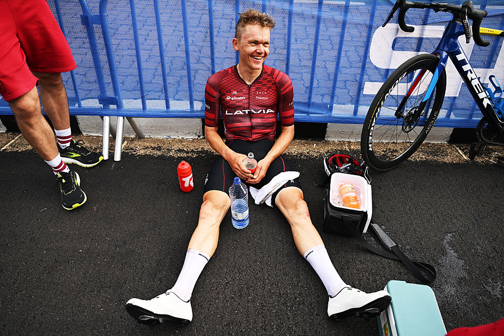 KIGALI, RWANDA - SEPTEMBER 28: Toms Skujins and Team Latvia reacts after the 98th UCI Cycling World Championships Kigali 2025, Men Elite Road Race a 267.5km race from Kigali to Kigali on September 28, 2025 in Kigali, Rwanda. (Photo by Dario Belingheri/Getty Images)