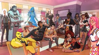 Cast of Date Everything sat around a living room