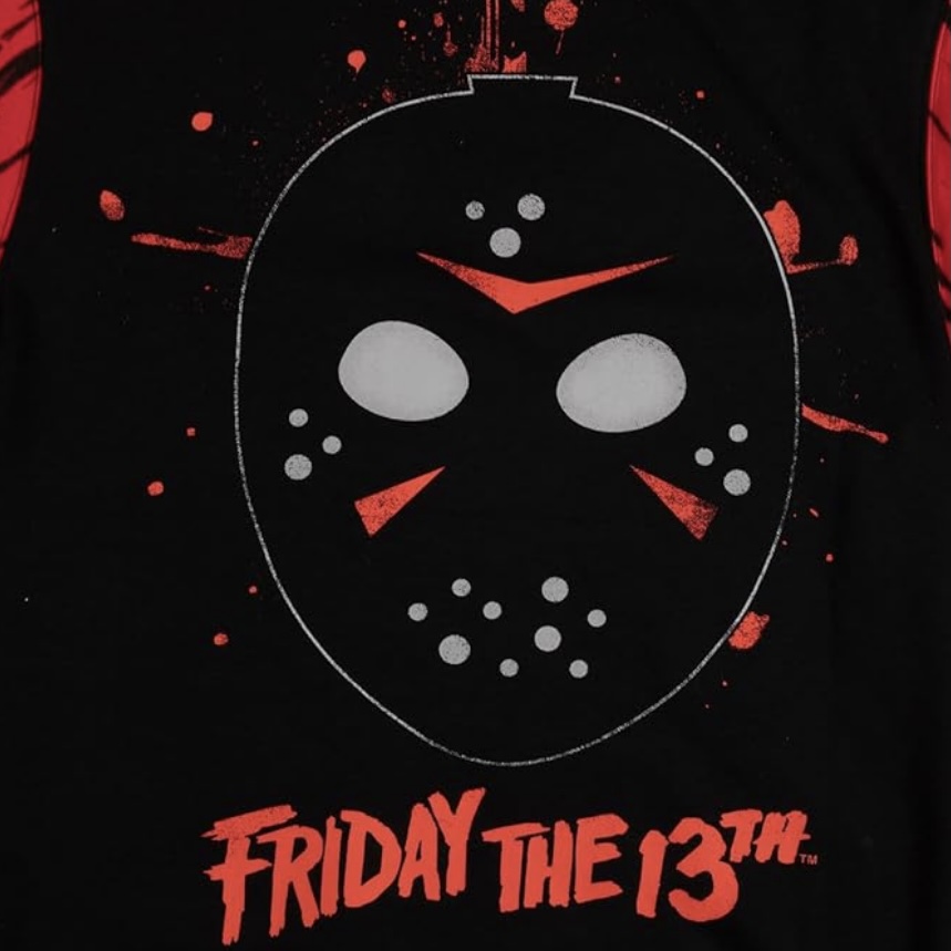 Friday the 13th logo and Jason mask on a hoodie