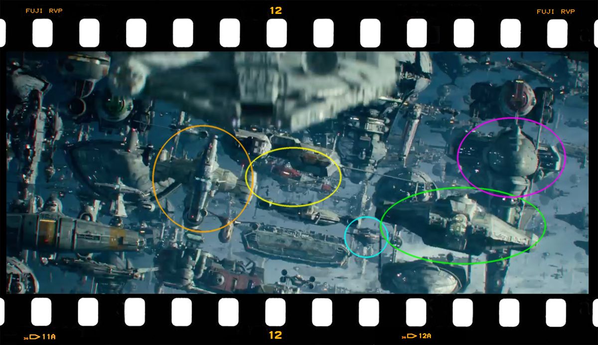 Resistance fleet ships in this scene include a Sphyrna-class "Hammerhead" Corvette (orange), a Free Virgillia-class "Bunkerbuster" Corvette (yellow), a Braha'tok-class Dornean gunship (blue), an EF76 Nebulon-B escort frigate (purple) and the Ghost from "Star Wars Rebels" (green).