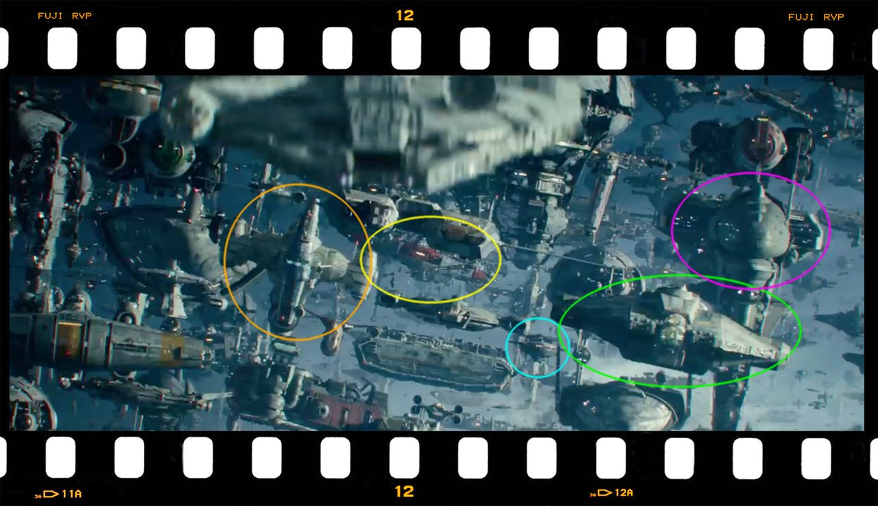 Resistance fleet ships in this scene include a Sphyrna-class "Hammerhead" Corvette (orange), a Free Virgillia-class "Bunkerbuster" Corvette (yellow), a Braha'tok-class Dornean gunship (blue), an EF76 Nebulon-B escort frigate (purple) and the Ghost from "Star Wars Rebels" (green).