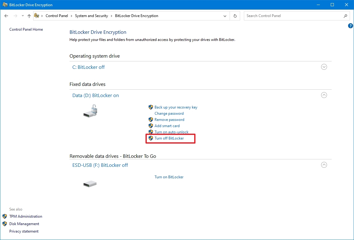 Windows 10 turn off BitLocker