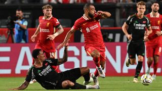 Liverpool's Mohamed Salah passes the ball in a pre-season friendly against Arsenal in Philadelphia in July 2024.