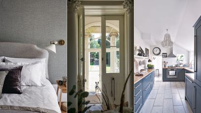 Relaxing and stylish bedroom with grey textured wallpaper, white and brown bedding. A double bed and angled wall light. / View from entrance hall through glass door towards front door / Modern white kitchen with blue units, wooden worktops, large chandelier 