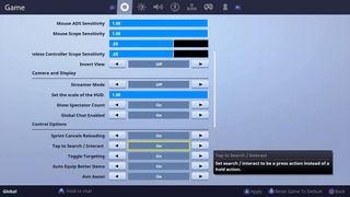 Controller settings options in the Fortnite menu