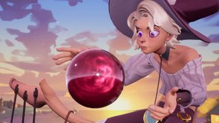 Potionomics - Quinn the witch looks into a purple glowing crystal ball while sitting on their magic broom at dusk.