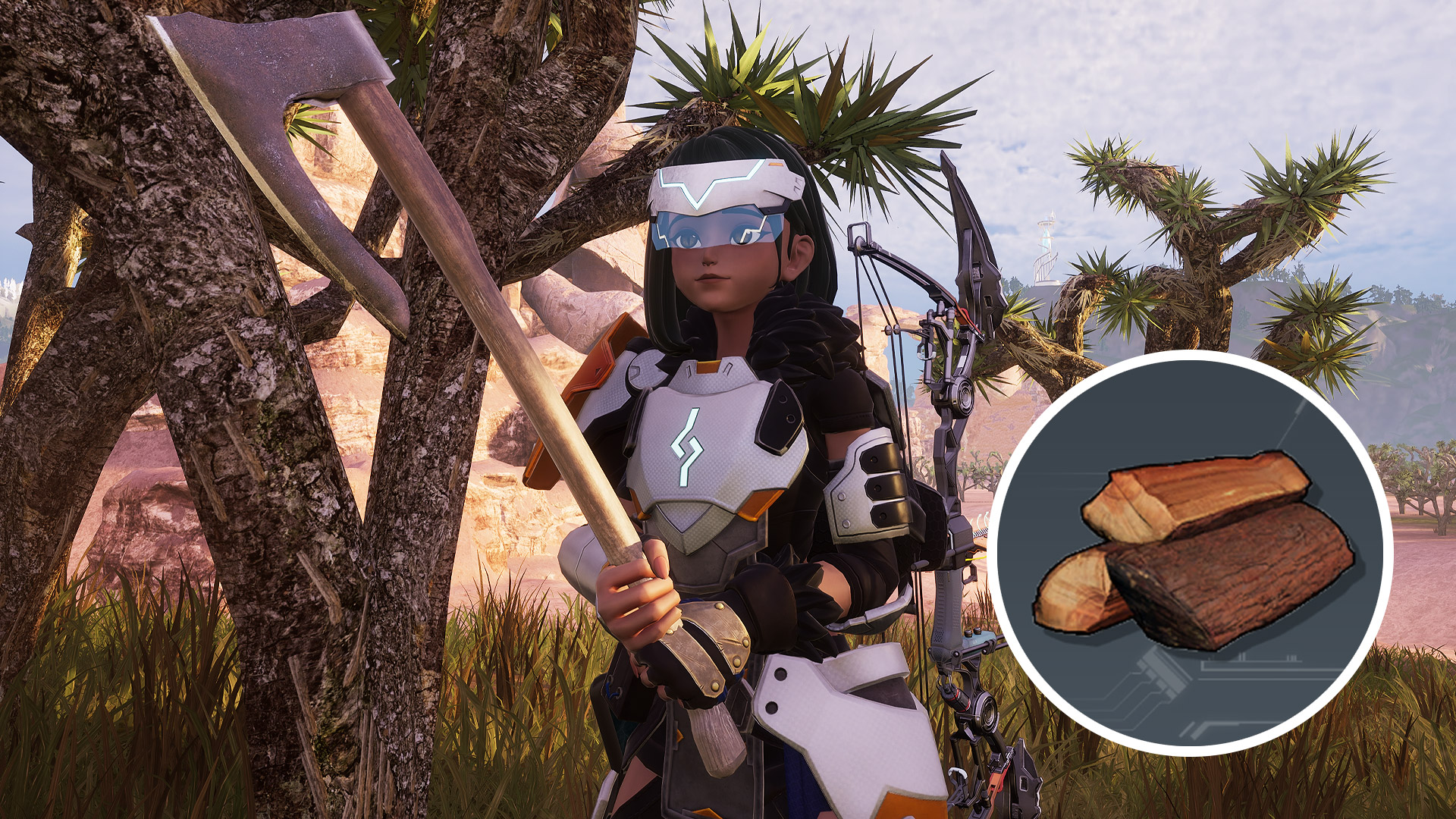 Palworld - A Pal trainer holding an axe and standing in front of a tree in the Twilight Desert. There's a small, circle cut out of hardwood pictured to her right.
