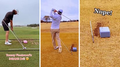 Images of Tommy Fleetwood attempting his iron drill alongside the scratch golfer emulating it