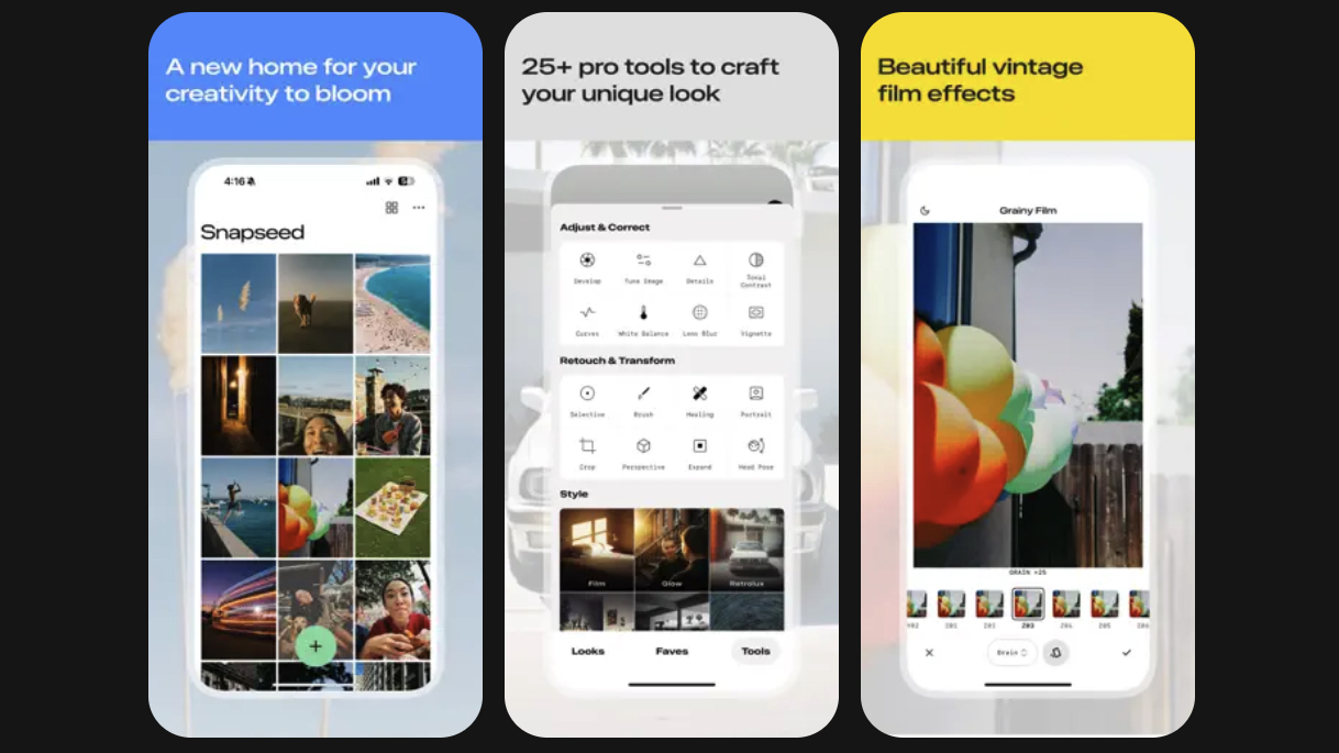 Marketing images of the Snapseed app