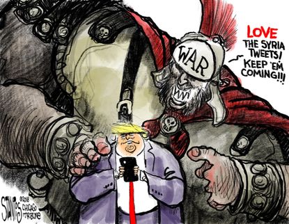 Political cartoon U.S. Trump Syria tweets war