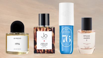 A selection of Amber perfumes from Byredo, Jo Loves, Sol de Janeiro and M&amp;S/ in a beige and grey sunset-style template