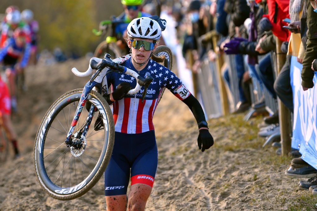 KOKSIJDE BELGIUM NOVEMBER 21 Clara Honsinger of United States and Team CannondaleCyclocrossworld competes during the 50th Koksijde UCI CycloCross Worldcup 2021 Womens Elite CXWorldCup on November 21 2021 in Koksijde Belgium Photo by Luc ClaessenGetty Images