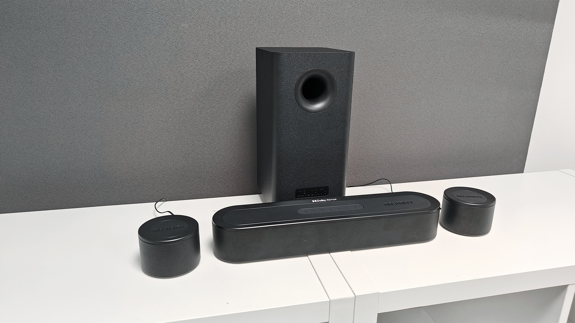 Majority Bowfell Halo Atmos soundbar system on white shelving unit in test room
