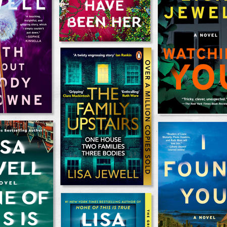 a collage of the book covers of the best thrillers by author lisa jewell including the family upstairs i found you and more