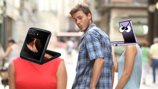 Meme of a guy ignoring the Galaxy Z Flip 4 for the Razr 2022