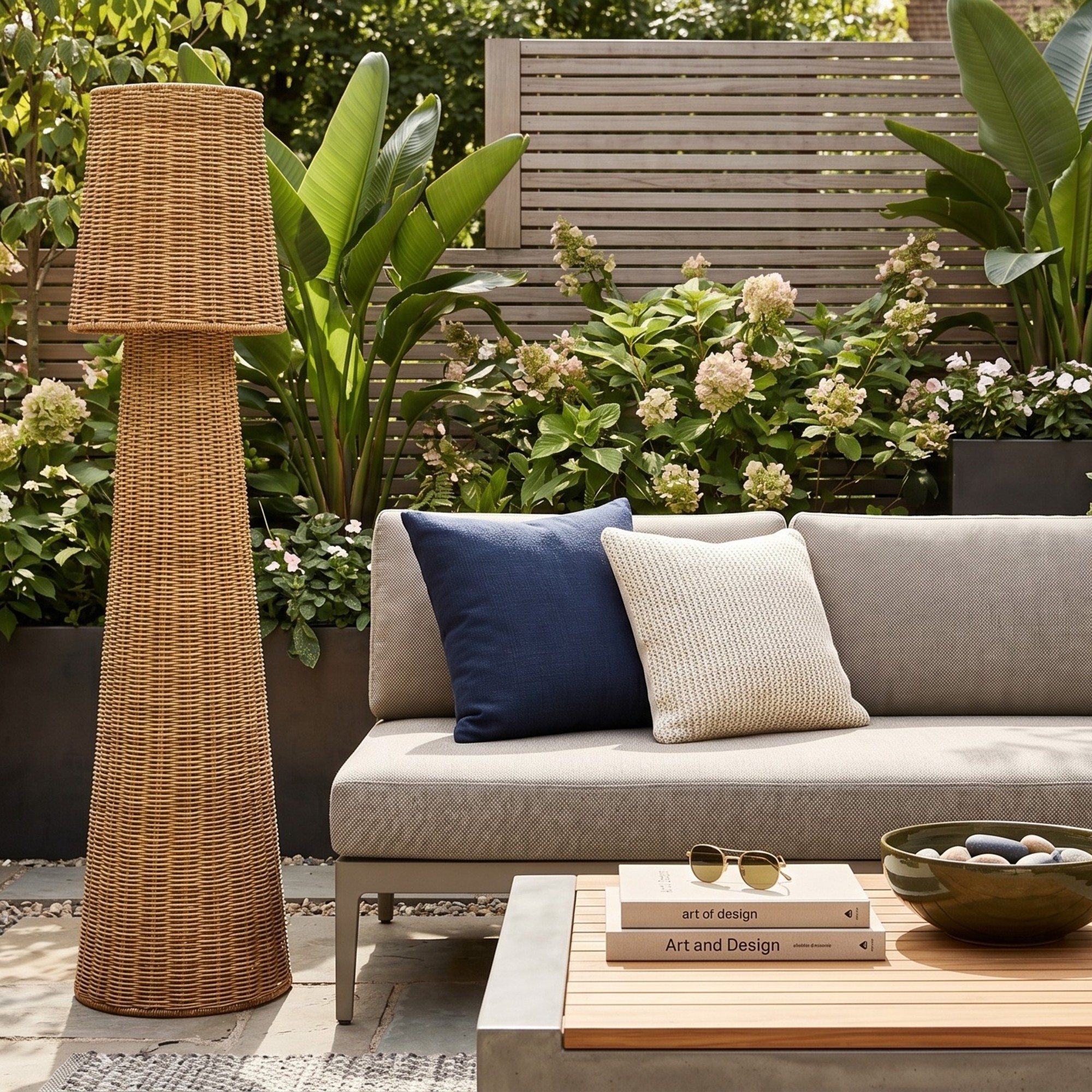 A garden with a grey outdoor sofa and Newgarden Lola rattan outdoor floor lamp next to it