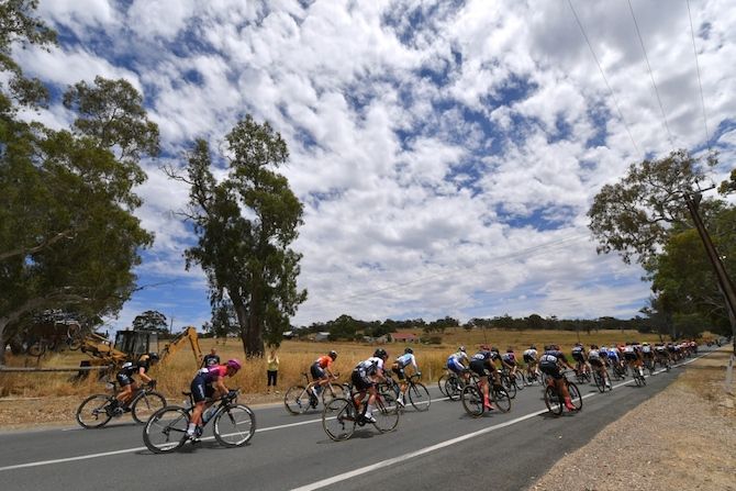 The bunch raced under beautiful, cloudy skies