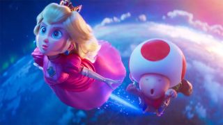 A close-up of Princess Peach and Toad flying into space in The Super Mario Galaxy Movie