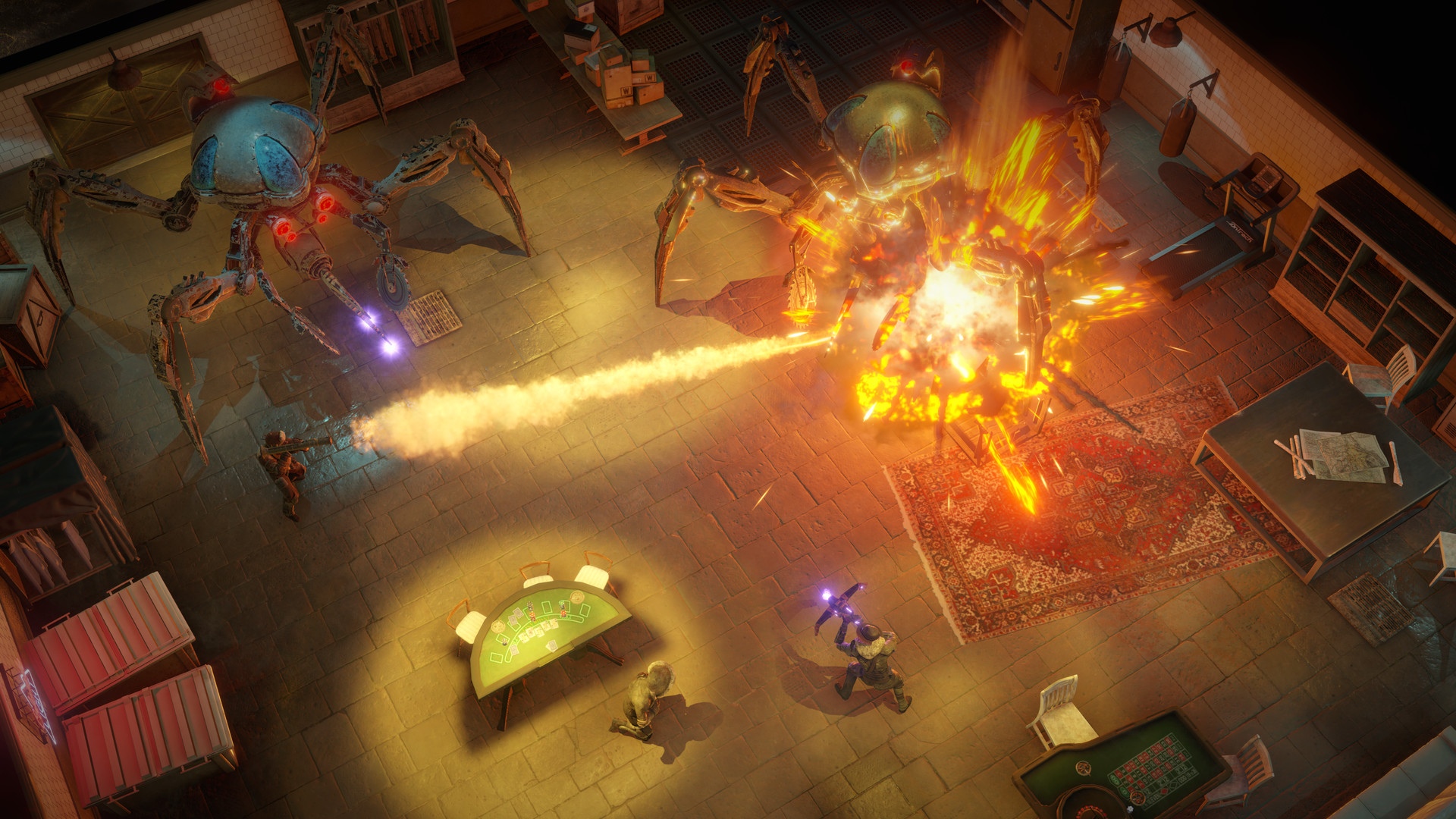 Two characters fight against mechanical spiders in Wasteland 3