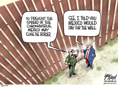 Political Cartoon U.S. Mexican border Trump wall paid coronavirus