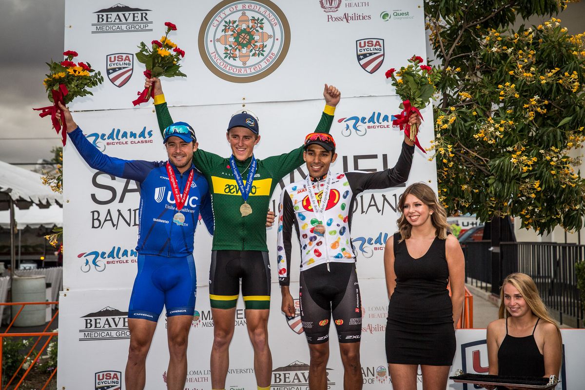 Danny Summerhill (UnitedHealthcare), Gage Hecht (Aevolo) and Ulises Castillo Soto (Jelly Belly-Maxxis) on the stage 4 podium at the Redlands Bicycle Classic.