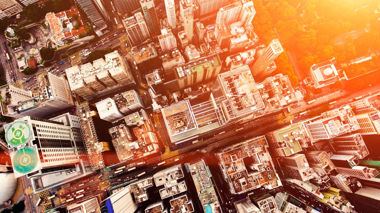 City streets and skyscrapers seen from above