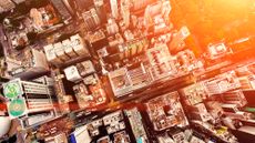 City streets and skyscrapers seen from above