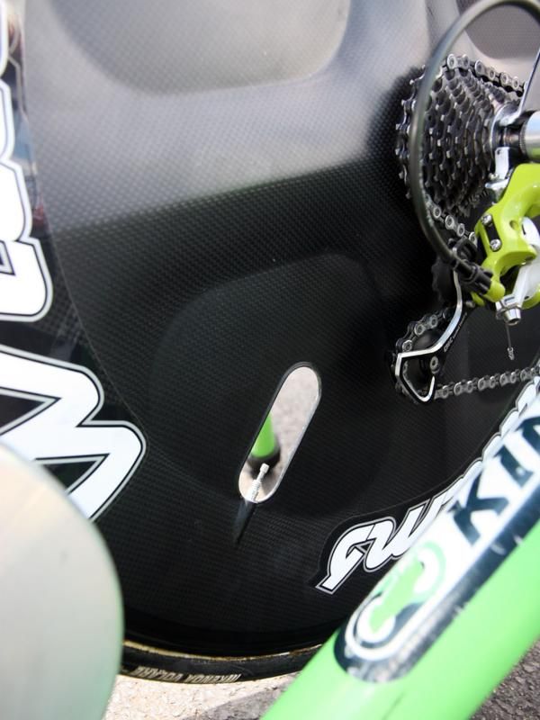 The Williams Cycling rear disc on Team Exergy's Felt B2s don't require valve covers. Instead, the company positions the cutouts at the paper-thin parts of the disc.