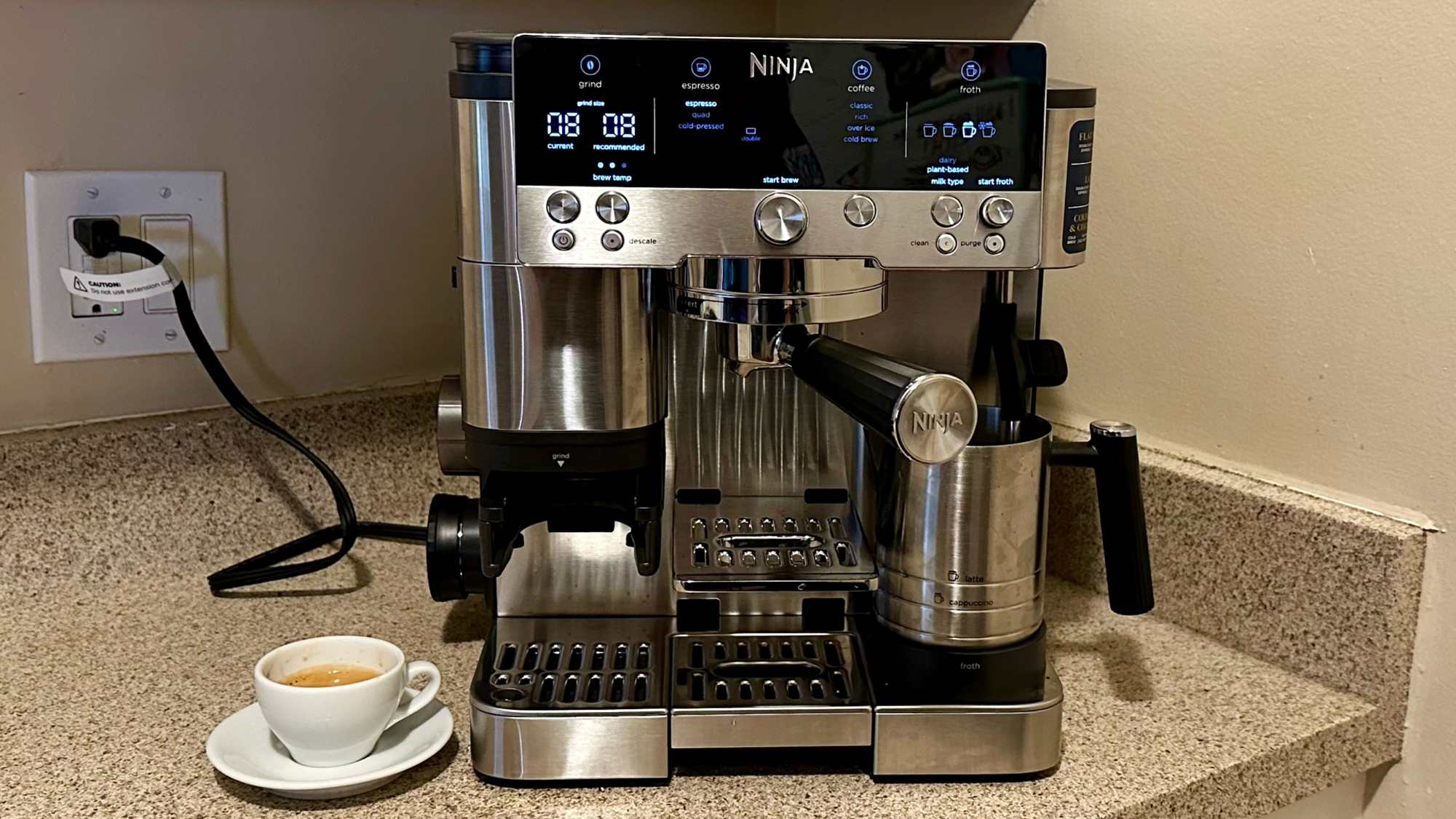 The Ninja Luxe Cafe Premier coffee machine on a kitchen bench