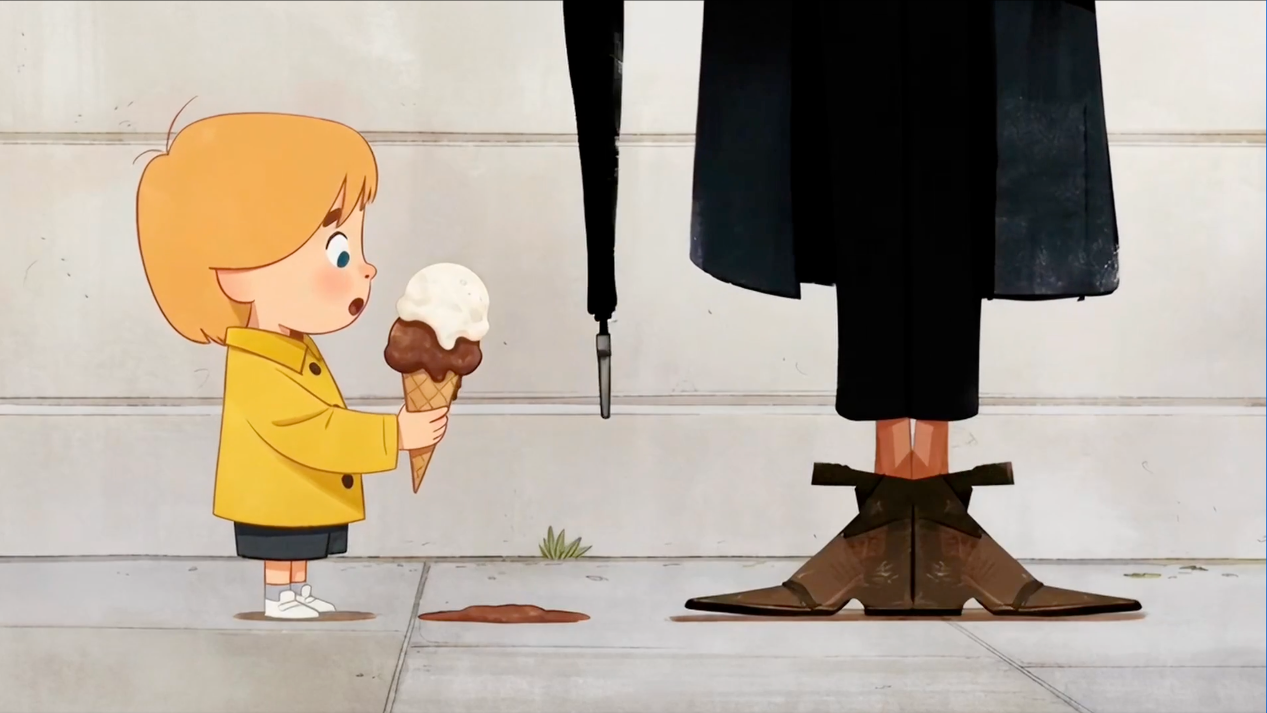 Animation created by Antrofrog via X, featuring a man with an umbrella and a child holding an ice cream.
