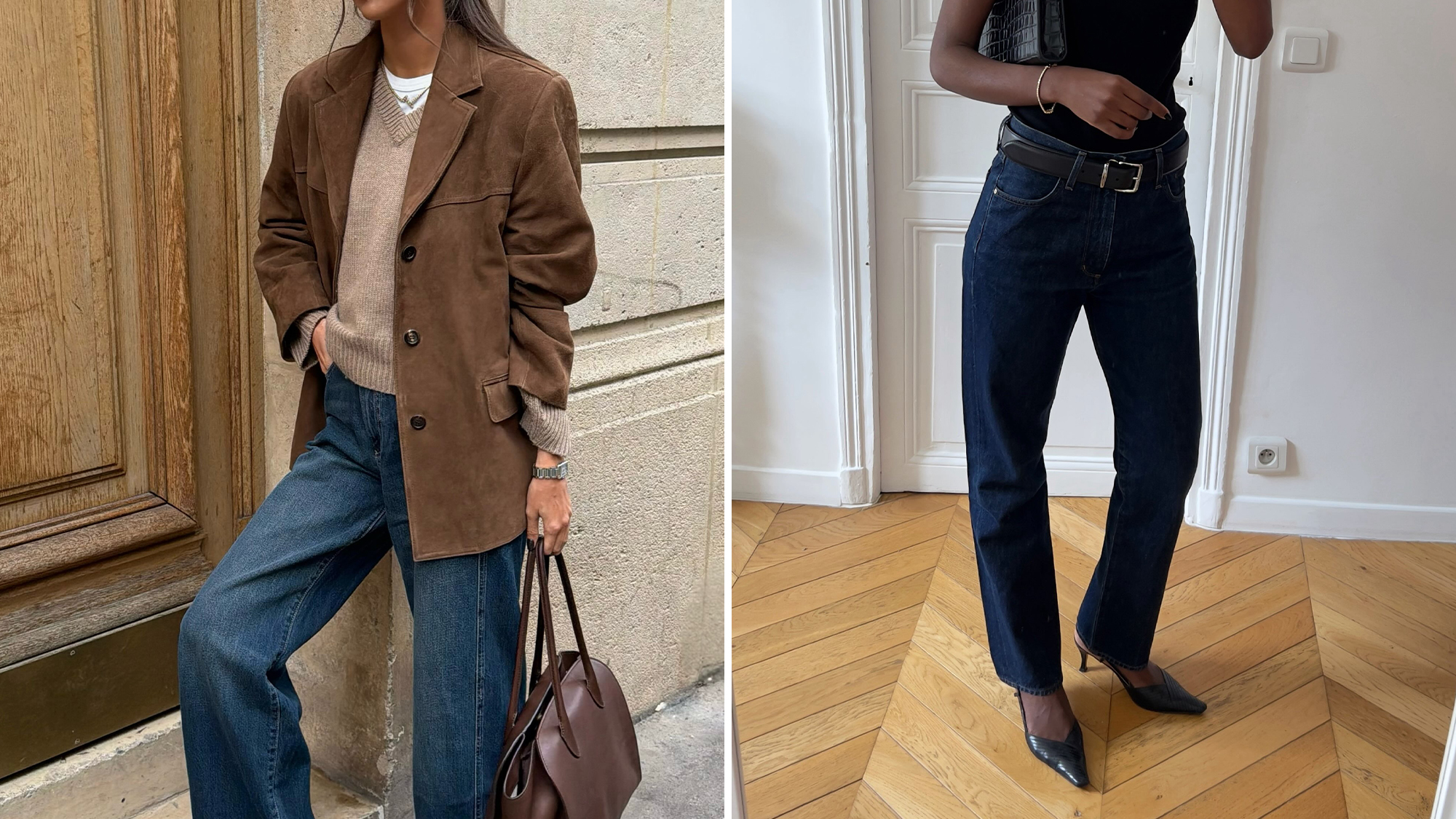 @fakerstrom wearing a suede blazer, jeans, and a sweater; @sylviemus_ wearing jeans, a black top, belt, and heels.