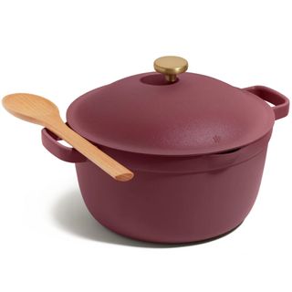 our place always pan sale - perfect pot in deep red with a gold handle on the lid and wooden spatula