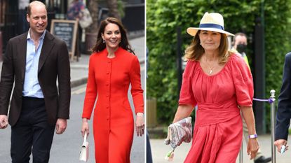 Composite of a picture of Prince William and Kate in Soho in 2023 and Carole Middleton at Wimbledon in 2021