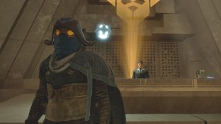 Dune: Awakening how to pay taxes - A character wearing scavenger gear next to an imperial tax representative in Arrakeen.