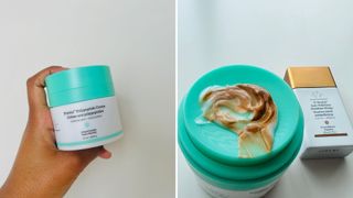 Side-by-side pictures of a person holding the Drunk Elephant Protini Polypeptide Cream on the left and the cream and bronzing drops mixed on the right, for w&h's Drunk Elephant Bronzing Drops review.