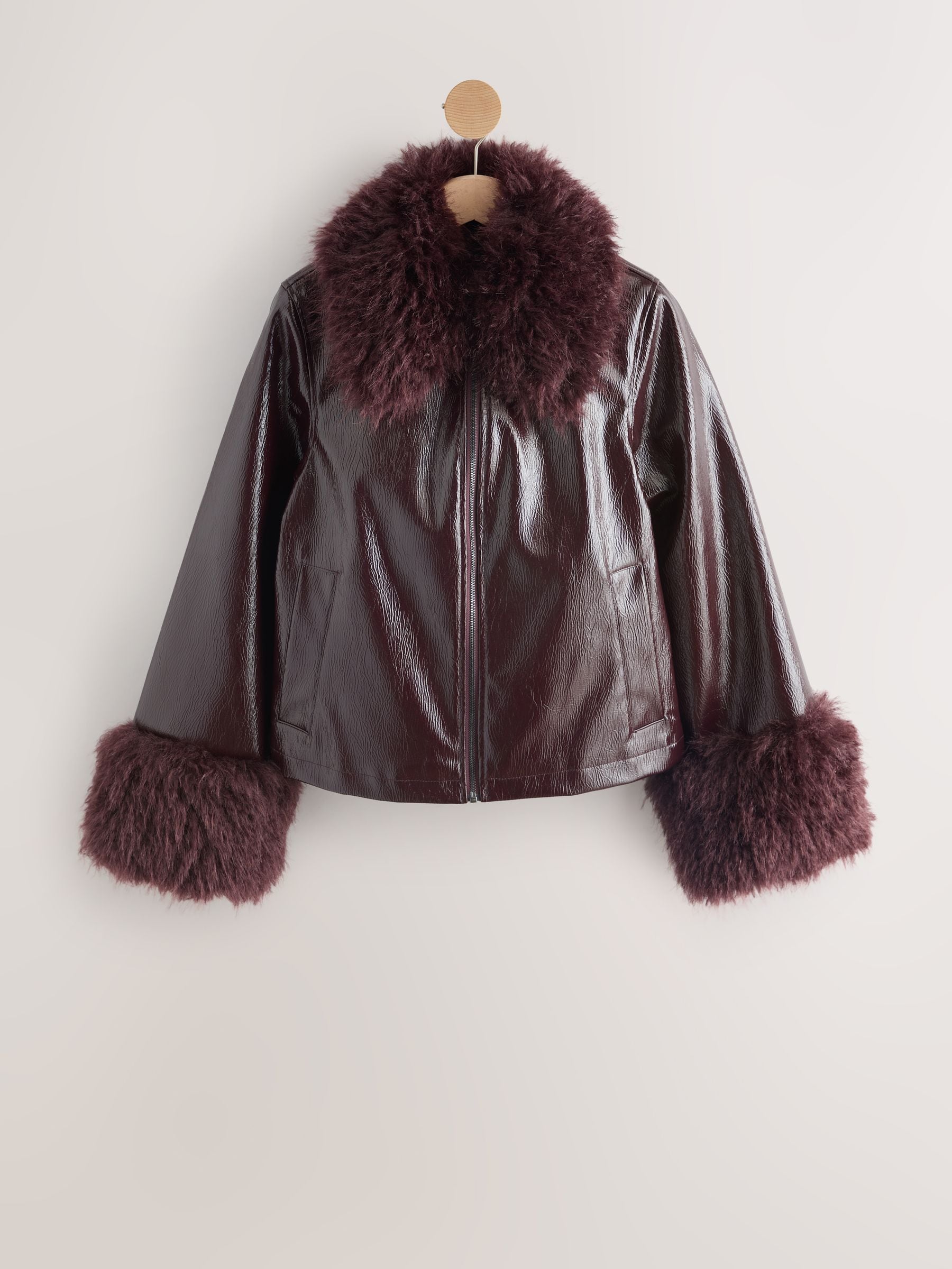 Burgundy Pu Jacket With Faux Fur Trims