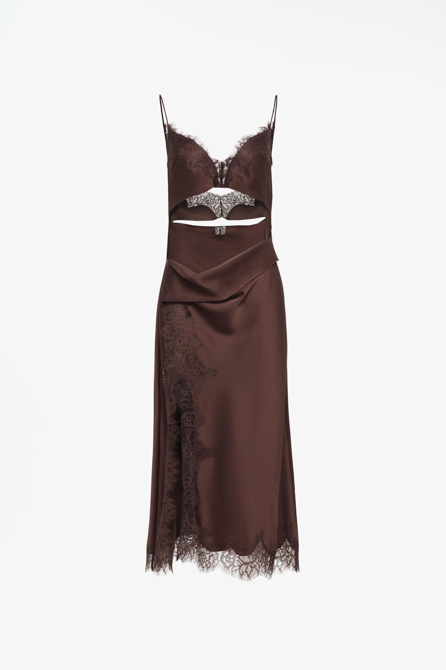 Limited Edition Satin Lace Midi Dress With Cutouts - Brown - Xs