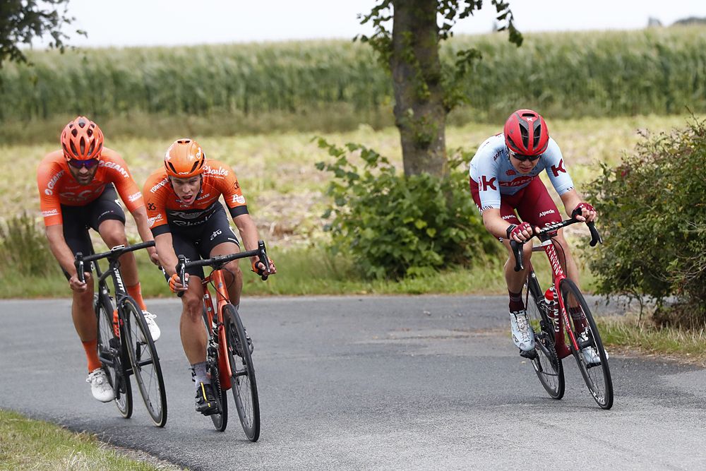 The stage 3 breakaway - Harry Tanfield of United Kingdom and Team Katusha-Alpecin / Stijn Steels of Belgium and Team Roompot-Charles / Guillaume Van Keirsbulck of Belgium and CCC Team / during the 15th Binck Bank Tour 2019