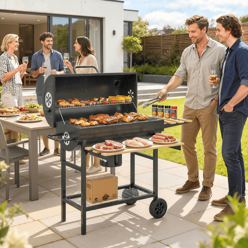 A group of 5 people stood outside using a BBQ with a lot of food on the grill