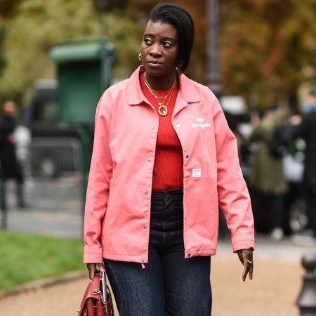 Nikki Ogunnaike wearing a pink jacket and jeans 