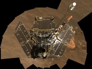 A self-portrait of the Mars rover Opportunity built from a combination of images taken by the craft's panoramic camera.