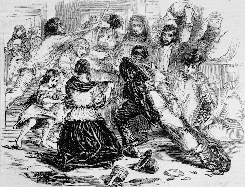 Starving townspeople raid a potato store in Galway, in Ireland, during the Irish potato famine, on June 13, 1842.