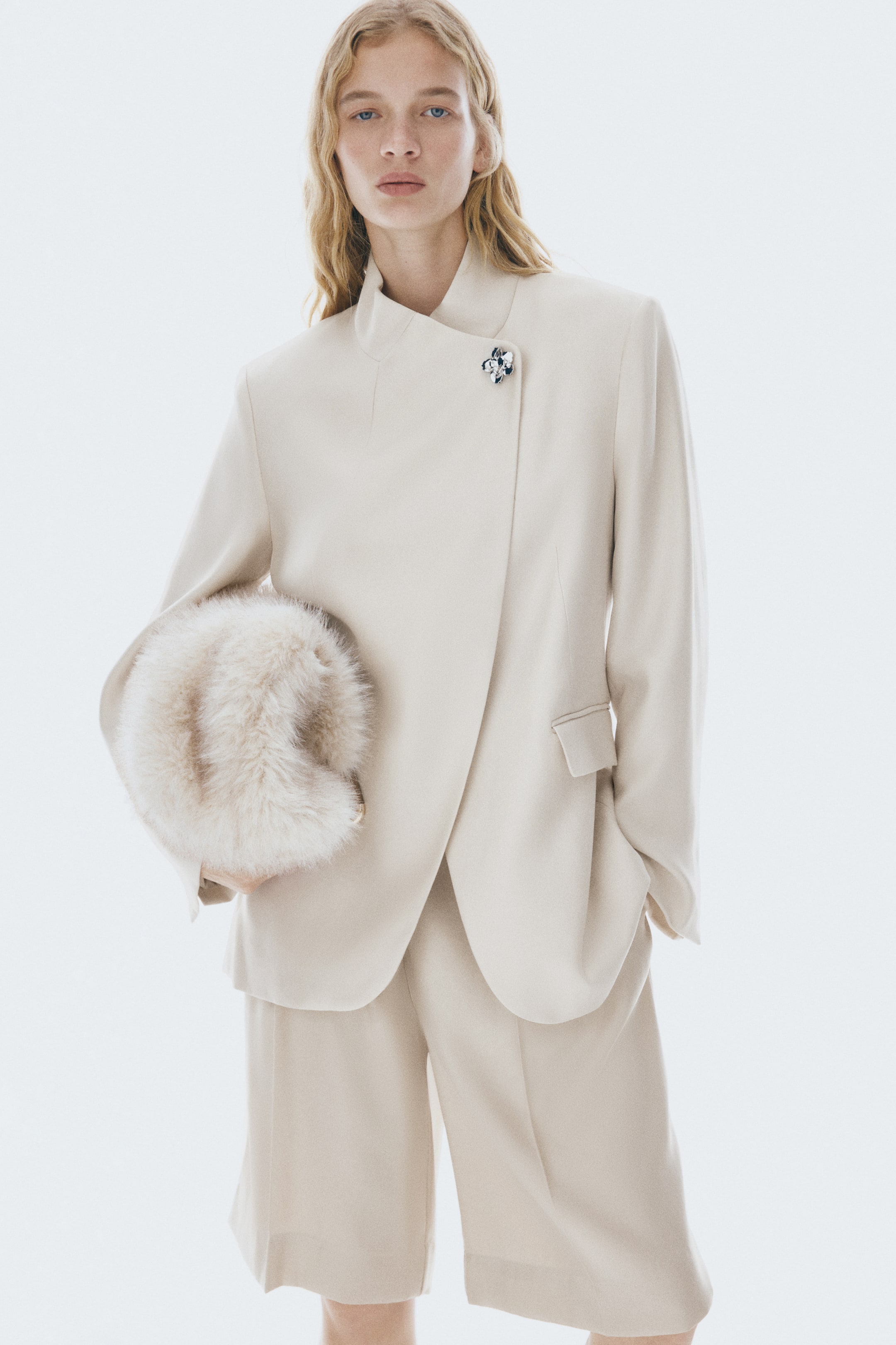 Brooch-Detail Wrap Blazer - Light Beige