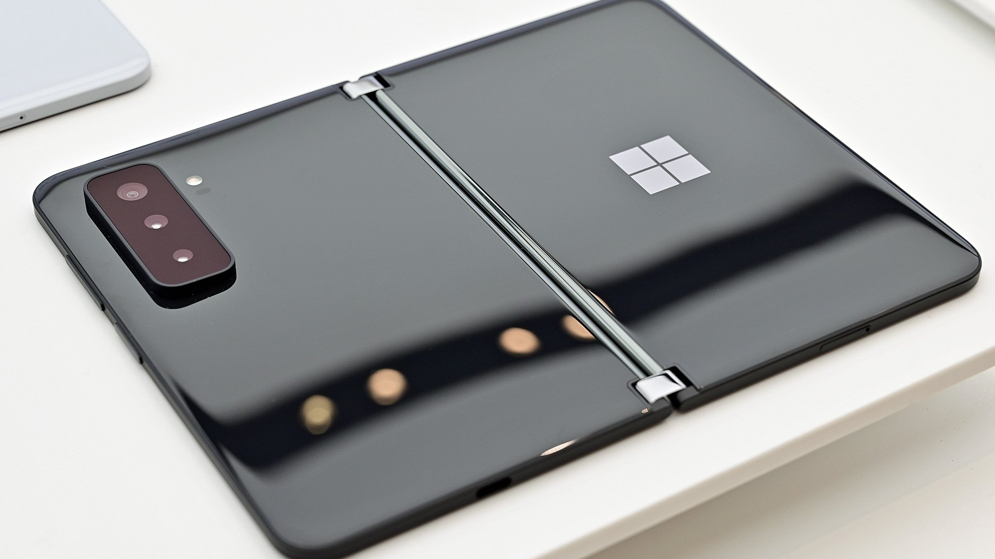 The Surface Duo 2 lying flat, face down on a table