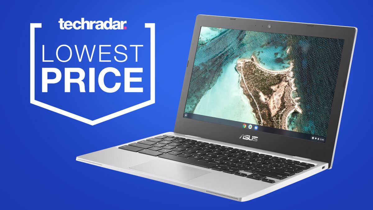 Asus Chromebook CX1100 against a blue background with TechRadar &#039;Lowest Price&#039; badge.